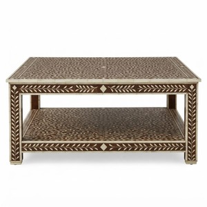 Mesa de Centro Redonda de Lujo con Incrustaciones Geométricas Azules y Base de Pedestal de Latón Dorado, Mesa de Salón Premium con Incrustaciones de Resina de Madera - Product Image 5