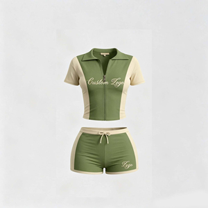 Custom <b>Rhinestone</b> logo Track Suit for Women Set Color Blocking Short Sleeve Zip <b>Jacket</b> and Shorts Women's Summer Two-piece Set - Product Image 4