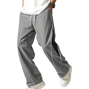 Men’s Casual Navy Blue Track Pants Lightweight Windbreaker Jogger Trousers with White Contrast Piping and Side Panel <b>Athletic</b> - Product Image 1