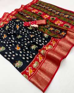 Sari de Seda Dola Formal de Buena Calidad con Hermoso Patrón Pichwai y Borde Tejido Dorado - Product Image 3