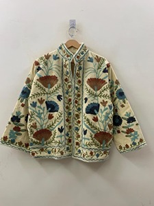 Veste en coton brodée de fleurs, col mandarin, manches longues, style Prairie Chic, vêtements d'automne pour adultes, longueur normale - Product Image 1