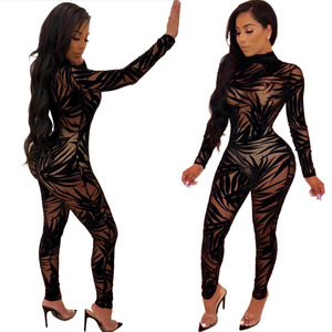 Mono negro transparente con estampado geométrico para mujer, cintura alta, manga larga, sexy, para discoteca, ajustado, largo completo - Product Image 1