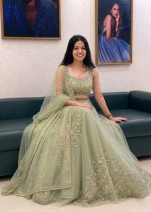 Green Embroidered Lehenga Set <b>Net</b> Unstitched Indian Wedding Outfit Two Piece Dress With <b>Dupatta</b> - Product Image 5