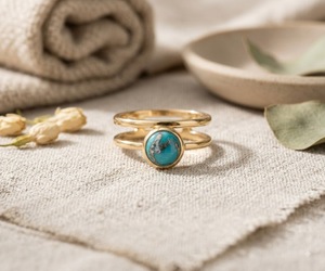 925 Silver Turquoise Gemstone <b>Ring</b> Bezel <b>Set</b> <b>Gold</b> Plated Vintage Boho Double Band Jewelry for Women - Product Image 2