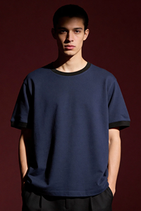 T-shirt en jersey de coton épais écologique, coupe oversize, col rond, manches contrastées, streetwear pour homme avec motif et logo personnalisé - Product Image 6