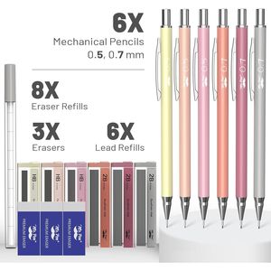 Set da 6 Matite Meccaniche Estetiche in Tonalità Pastello Stile Boho, 0.5mm e 0.7mm, con Gomme e Ricariche di Mine - Product Image 2