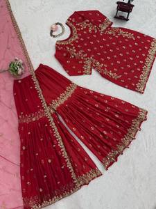 Ensemble de robe Sharara brodée rouge en soie Chino, Kurta et Dupatta, tenue ethnique à séchage rapide pour toutes les saisons, idéal pour les mariages et les fêtes pour femmes - Product Image 5
