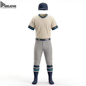 High Quality Custom Baseball Uniform Package, Cream Full-Button Jersey, Grey Pants, Navy Cap & Teal <b>Striped</b> Stirrup <b>Socks</b> - Product Image 1