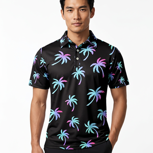Polo homme noir imprimé à manches courtes, respirant, décontracté, en polyester tissé - Product Image 4
