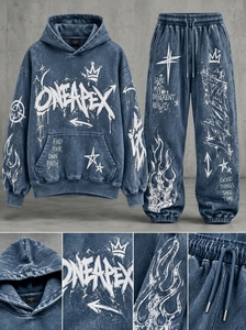 Ensemble survêtement homme bleu graffiti oversize : sweat à capuche et pantalon de jogging, tenue décontractée deux pièces style streetwear One Apex - Product Image 6