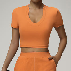 Camiseta Deportiva Personalizada para Mujer, Color Nude Sólido, Cómoda, Suave, Ajustada, Cuello en V, Manga Corta, para Fitness, Yoga, Gimnasio - Product Image 6