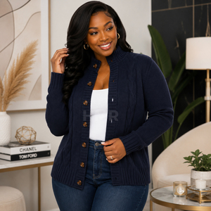 HMR Sisterhood Sorority Acrylic <b>Navy</b> Knitted <b>Cardigan</b> Long Sleeve Turtleneck Button Front Casual Solid Color Autumn Wear - Product Image 3