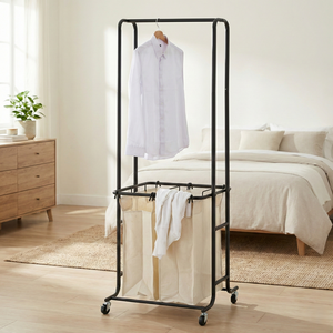 ราวแขวนเสื้อผ้าอเนกประสงค์ ทันสมัย ทนทาน พับได้ พกพาสะดวก พร้อมตะกร้าผ้า ผลิตในไต้หวัน สำหรับใช้ในบ้าน ลดราคาพิเศษ - Product Image 1