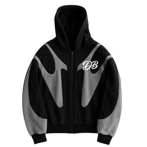 Sweat à capuche zippé Y2K avec logo brodé personnalisé |   Sweat à capuche zippé intégral streetwear noir et gris épais pour homme - Product Image 1