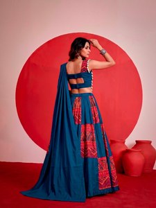 Traditional Indian Pure Rayon <b>Lehenga</b> Set Digital Print <b>Red</b> Blue Design Floor-Length Loose Fit Quick Dry Women's Wedding Wear - Product Image 5