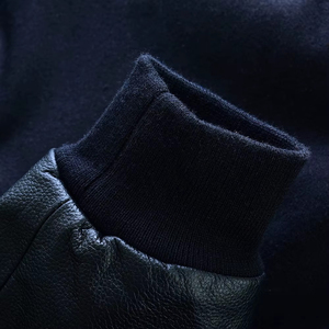 Varsity <b>Jacket</b> Melton Wool and Genuine <b>Leather</b> Custom Varsity <b>Jacket</b> Black Versity <b>Jacket</b> PU <b>Leather</b> Sleeve stand - Product Image 5