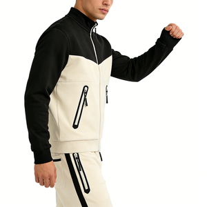 Chándal de invierno para hombre con bloques de color, cuello alto, elástico en cuatro direcciones, peso medio, transpirable, de secado rápido, estampado, con bolsillo con cremallera, ropa deportiva informal. - Product Image 2