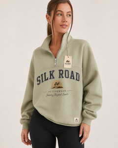 Sweat-shirt demi-zip pour femme Silk Road, col rabattu, motif uni, style décontracté, vêtement d'été, anti-boulochage, polyester/coton - Product Image 1