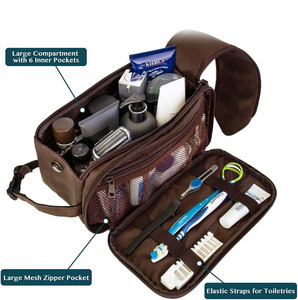 Handmade <b>leather</b> toiletry bag with storage compartments for cosmetics shaving accessories and travel convenience in low price - Product Image 3