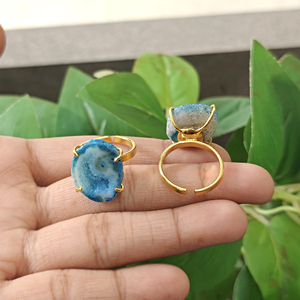 Natural Blue Agate Druzy Gemstone <b>Adjustable</b> <b>Rings</b> 18k Gold Plated Brass Trendy Unique Style Women Fashion Jewelry Gift Her - Product Image 5
