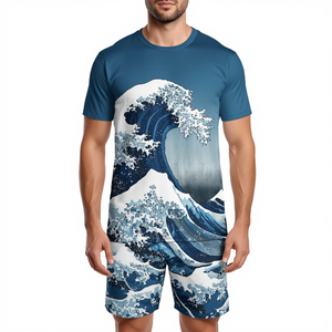 GENERSA SPORTS เสื้อเชิ้ตแขนสั้นคอกลมสีดำสำหรับผู้ชาย กางเกงขาสั้นเอวยางยืด ผ้าลูกฟูก ไม่ยืด ชุดลำลองสำหรับฤดูร้อน สีพื้น - Product Image 5
