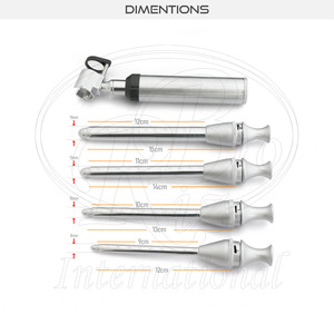 ชุดเครื่องมือตรวจทวารหนักสุนัขแบบมีไฟ 5 ชิ้น ชุบโครเมียม ทำจากทองเหลือง ประกอบด้วย 4 หัวตรวจ และด้ามจับใช้แบตเตอรี่ 2C บรรจุในกล่องพลาสติก - Product Image 2