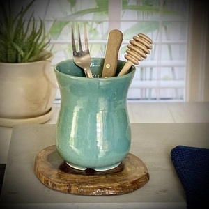 Artisan Ceramic <b>Utensil</b> Holder Curved Silhouette Reactive Glaze Kiln Fired Heat Resistant Durable Kitchen Counter Organizer - Product Image 2