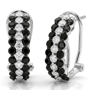 Boucles d'oreilles créoles modernes en or blanc 18 carats avec diamants noirs et blancs, pavé 3 rangs, fermoir à clip articulé, pour cadeau d'anniversaire de luxe - Product Image 1