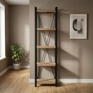 Étagère à livres en bois moderne industrielle à 4 niveaux avec cadre en métal grillagé pour le salon, le bureau à domicile, le rangement - Product Image 3