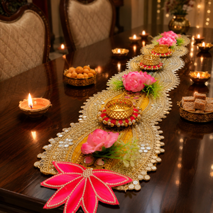 Pink Lotus Diya Table Runner Handmade Gold Patti Pearl Wedding <b>Mandir</b> Pooja Festival Home Decor Gift Item Centerpiece - Product Image 2