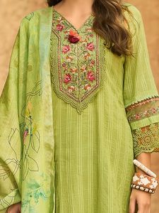 Women's Straight <b>Linen</b> Floral Embroidered Kurta Pant with Dupatta Set - Product Image 3