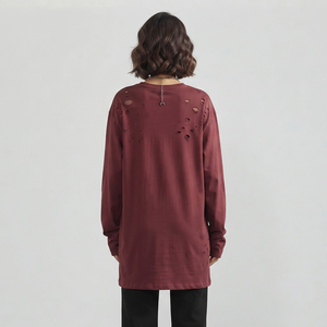 T-shirt à manches longues pour femme, style grunge vieilli, délavé à l'acide, coupe oversize, épaules tombantes, streetwear décontracté - Product Image 2
