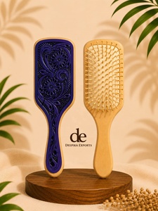 Trending Handmade Hand Tooled Leather Wooden Hair <b>Brush</b> Carved Floral Design Purple Color Rectangular Shape Rajasthan Deepika - Product Image 1