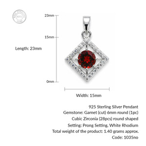 Pendentif carré en argent sterling rhodié avec grenat serti griffes, fait main, style minimaliste, tendance, vente en gros Rhaya Jewels - Product Image 2