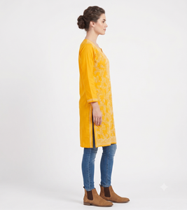 Túnica Kurta Étnica Bordada en Amarillo para Fiestas de Verano, Blusa India Pakistaní de Manga Larga para Uso Diario - Product Image 2