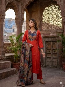 Beautiful Red Cotton Women's Ethnic Suit Set Stylish Designer <b>Kurti</b> and Salwar Summer Party Wear Quick Dry Modern - Product Image 2