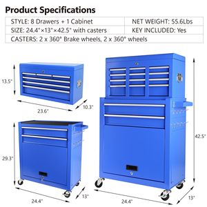 Carrello Portautensili Grande Smontabile con 8 Cassetti, Armadietto Portautensili Mobile con Ruote per Officina, Carrello Contenitore con Chiusura di Sicurezza per Attrezzi - Product Image 2