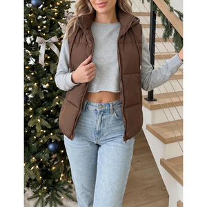 Women's <b>Hooded</b> Puffer Vest Solid Color Zipper Closure Casual Outerwear Windproof Polyester Filling Front Pocket Regular Length - Product Image 1