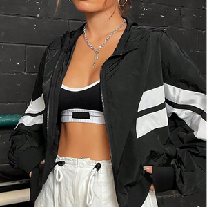 Chaqueta Cortavientos Delgada de Lona Negra para Mujer, Estilo Urbano Deportivo, con Cierre, Ligera, Moderna, Diseño de Parches, Antiarrugas - Product Image 5