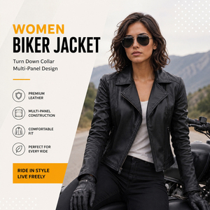 Women Genuine Leather Biker Jacket Turn Down Collar Multi Panel Full Sleeve Zipper Closure Motorcycle Jackets Ladies - Product Image 5