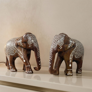 Solid Sheesham Wood <b>Elephant</b> Pair Handmade <b>Decorative</b> Wooden Figurines with Intricate White Inlay Work for Living Room Bedroom - Product Image 3