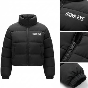 Women's Black Quilted <b>Cropped</b> <b>Puffer</b> <b>Jacket</b> Full Zip Stand Collar Winter Outerwear Short Length Fashion <b>Jacket</b> - Product Image 4