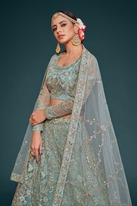 Elegant Zari Embroidered <b>Net</b> Lehenga Choli Sheer Long Sleeve Party Dress With Dupatta for Women - Product Image 4