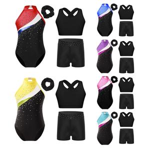 Traje de gimnasia para niñas de 6 a 16 años, leotardo con banda para el <span class=keywords><strong>pelo</strong></span>, <span class=keywords><strong>chaleco</strong></span> superior y pantalones cortos, conjuntos para competición de puesta en escena, 4 Uds. - Product Image 2