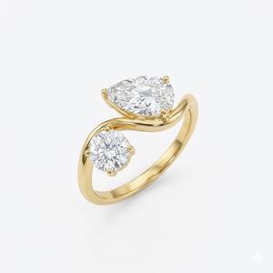 Bague de fiançailles en or 14K 18K avec deux pierres, diamant de laboratoire taille poire et taille ronde, design Toi et Moi, 2 carats, pour femme, à porter au quotidien - Product Image 2