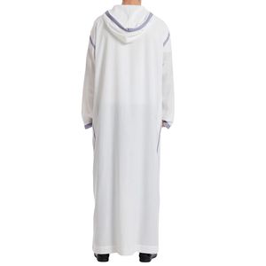 White Lavender Stitch Detail <b>Thobe</b> Fine Polyester Open Collar Contemporary Design Lightweight Refined Islamic Apparel <b>Men</b> Thobes - Product Image 2