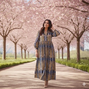 Tiger Print Cotton Floor Length A LINE Dress V Neck <b>Three</b> Quarter Puff Sleeves Women's Daily Wear Embroidery Detail - Product Image 1