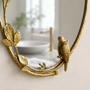 Miroir mural ovale doré avec cadre décoratif à feuilles botaniques et oiseaux, miroir antique pour salle de bain, salon, décoration murale - Product Image 3