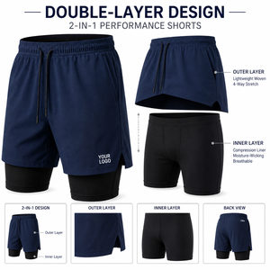 Men's Double-<b>Layer</b> Running Shorts With Inner Liner Elastic Waist Quick Dry Sporty Design Front Logo Placement - Product Image 3