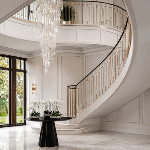 Barandilla de escalera curva de lujo en oro con balaustres geométricos y pasamanos oscuros para diseño interior de vestíbulo de villa moderna - Product Image 2